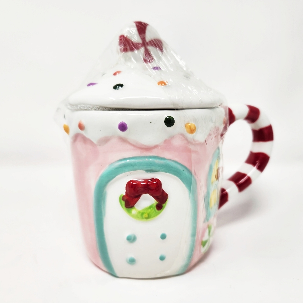 NEW Mr Christmas Pink Christmas Gingerbread House Mug with Lid